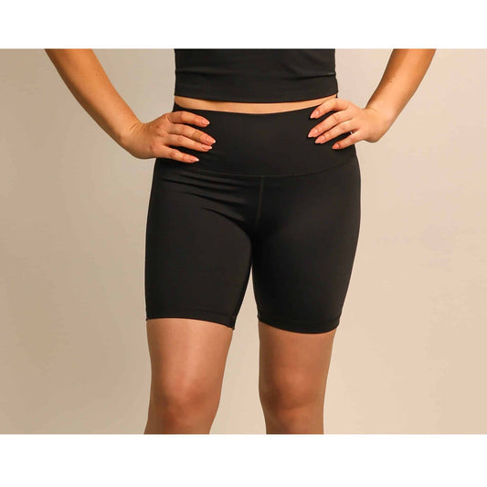 front view of Quoia Activewear biker shorts in black